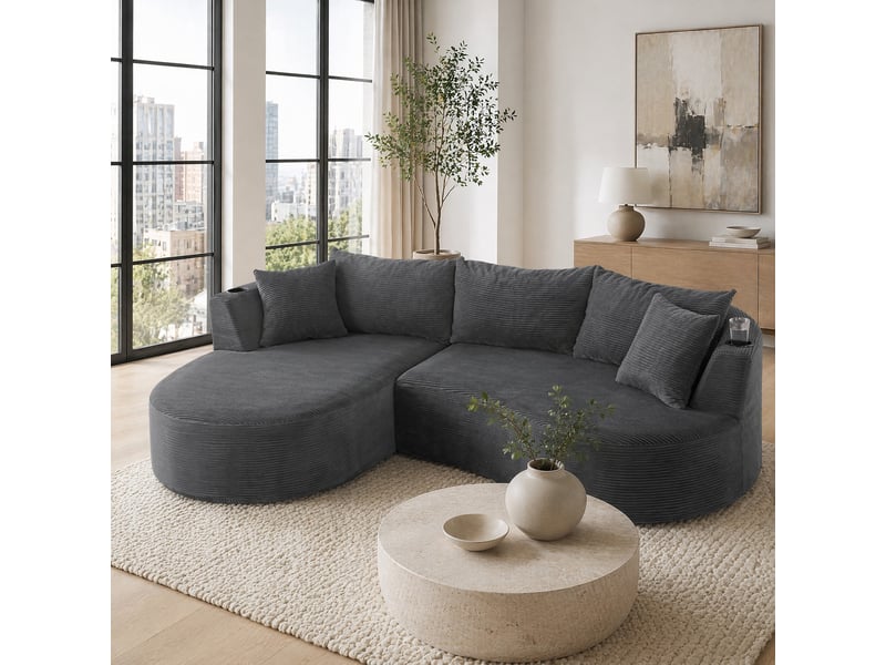  Canapé 3 places avec méridienne gauche et porte-gobelets  - design incurvé, coussins, velours côtelé gris  - Conforama C