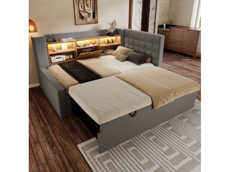  Lit gigogne 90x200 cm avec led et ports de charge en lin, bois et métal gris  - Conforama B