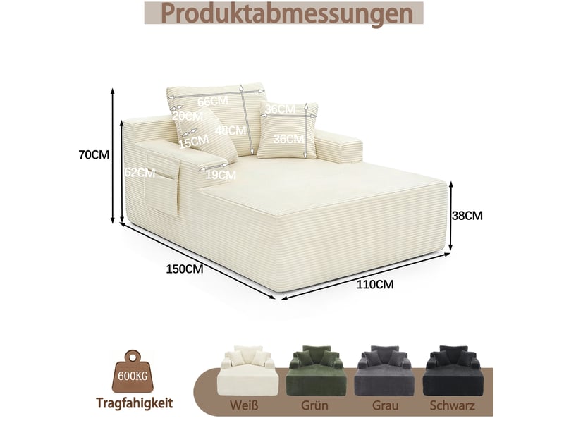  Canapé convertible 2 places en velours côtelé – assise profonde, coussins moelleux, poches de rangement, mousse haute densité – blanc crème  - Conforama D