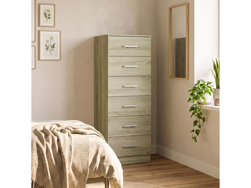  Commode à 6 tiroirs, meuble de rangement, style moderne, pour chambre, couloir, entrée, 40 x 40 x 110 cm, chêne  - Conforama D