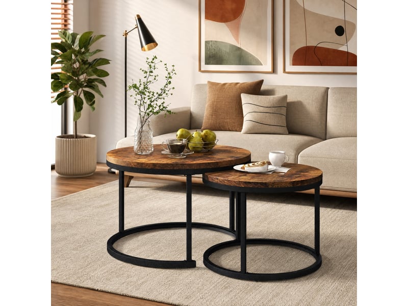 Lot de 2 tables basses rondes gigognes en mdf et métal marron - Conforama D