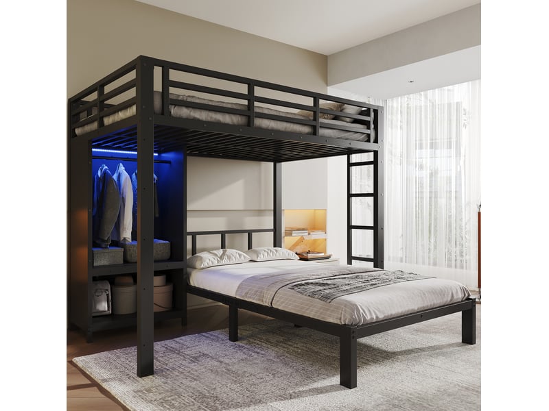  Lit superposé 120x200 cm, 2 couchages, armoire intégrée, éclairage led, échelle droite, métal noir, sans matelas  - Conforama D