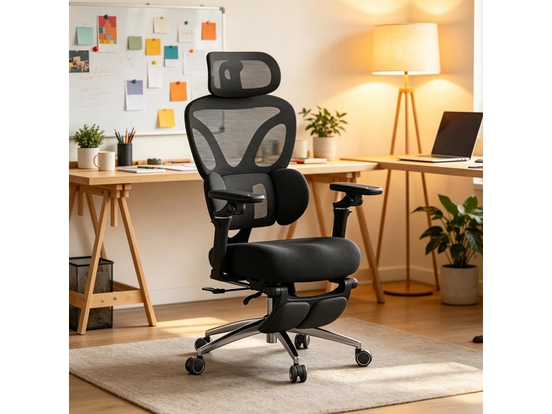  Chaise de bureau ergonomique noire avec repose-pieds escamotable  - Conforama C