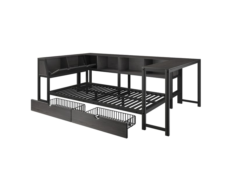  Lit en métal 90x200 avec tête de lit de rangement, éclairage led, bureau et tiroirs, lit multifonctionnel  - Conforama E