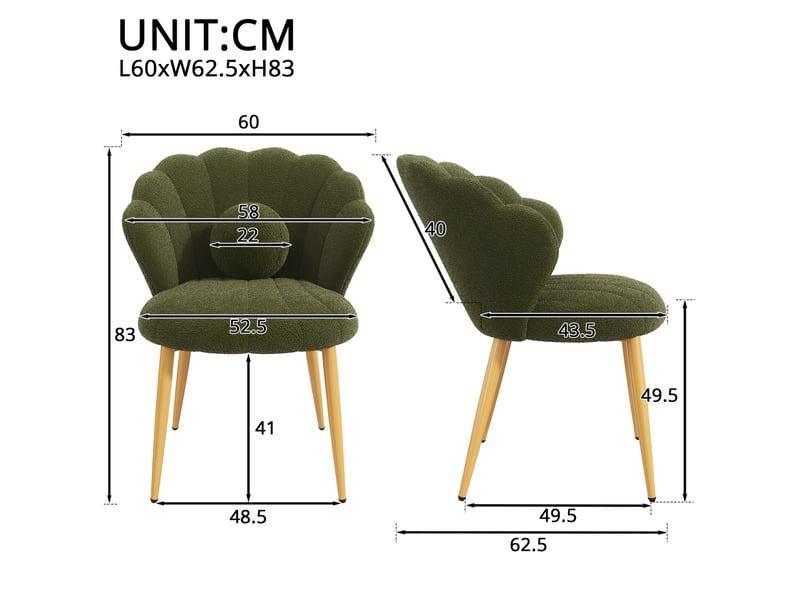  Lot de 2 chaises de salle à manger style coquillage en tissu teddy vert, pieds dorés  - Conforama E