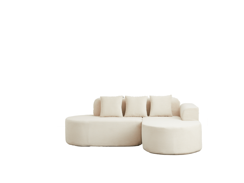  Canapé d’angle en velours côtelé beige 4 places, canapé avec méridienne incurvée de 220 cm pour salon moderne  - Conforama A