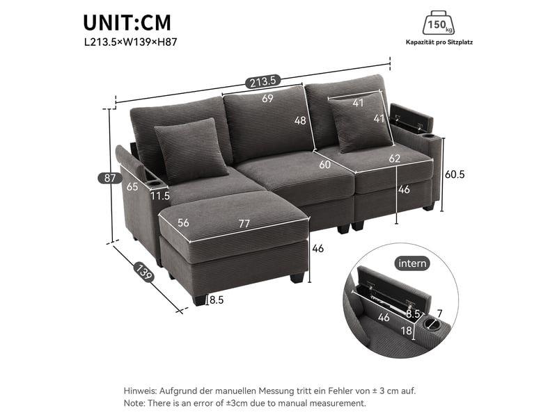  Canapé d’angle réversible 3 places 213,5x139 cm avec pouf, usb, porte-gobelet, rangements accoudoirs, 2 coussins - gris foncé  - Conforama D