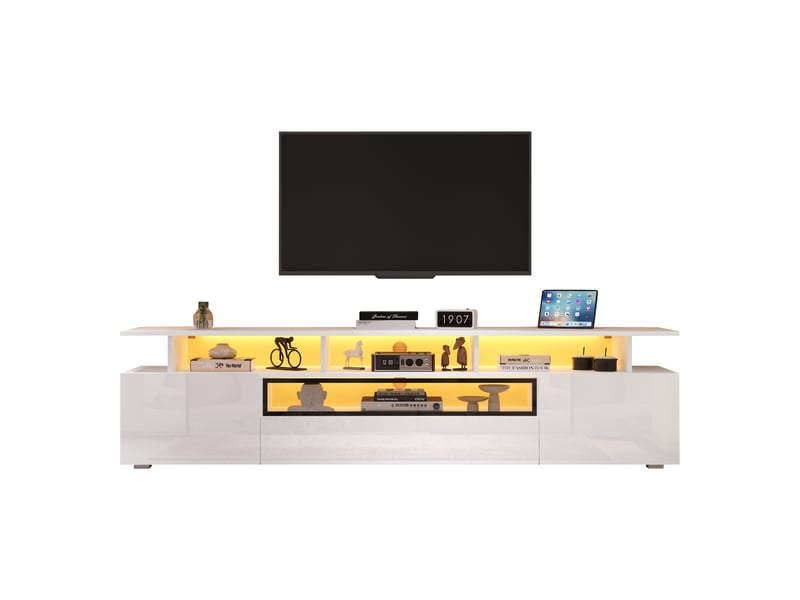  Meuble tv 180x38x45cm, lowboard avec led et 10 étagères, meuble tv haut brillance avec 2 armoires et 1 tiroir, meuble de salon  - Conforama C