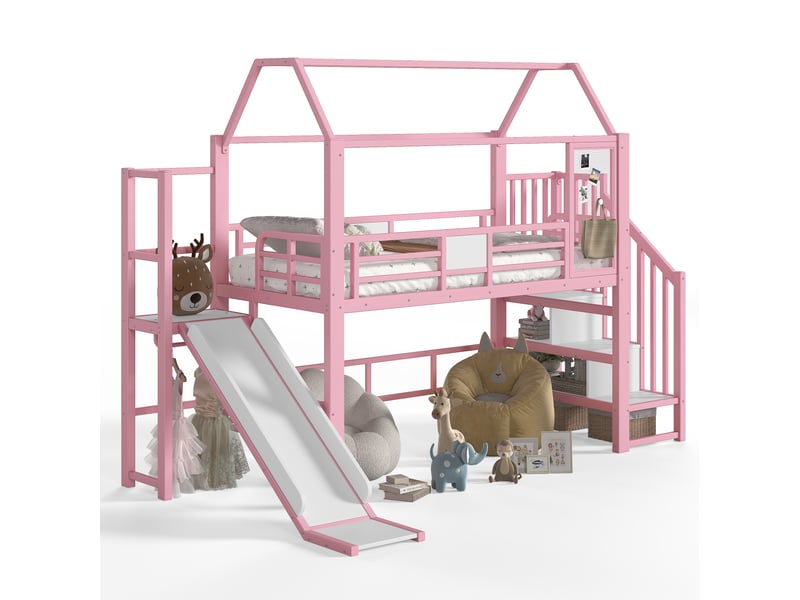  Lit mezzanine cabane enfant 90x200 cm, toboggan, escalier avec rangement, led bluetooth, métal et mdf, rose Radiant Stride - Conforama A