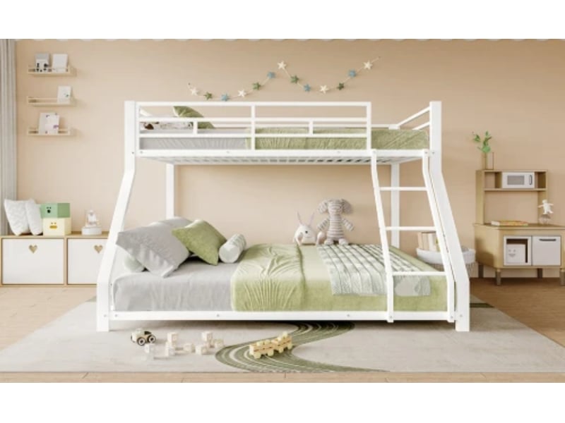  Lit superposé, 90×200 cm + 140×200 cm, garde-corps, échelle, certifié en747, métal, blanc, sans matelas  - Conforama B