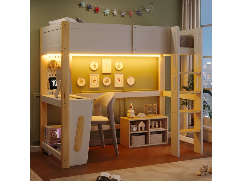 Lit mezzanine naturel en mdf et pin, 90x200 cm avec éclairage led ajustable et espace de travail intégré - Conforama D