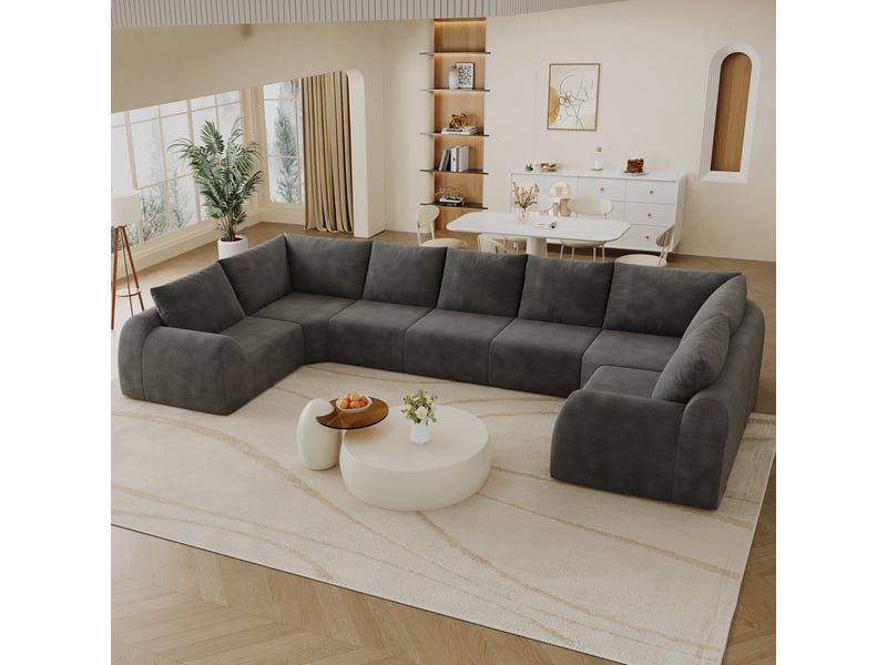  Canapé 7 places panoramique en u - 344x200x85cm - mousse haute résilience avec tissu chenille sans montage - gris foncé  - Conforama C