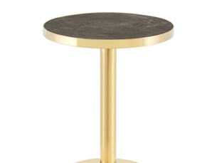 Console ronde moderne avec plateau effet marbre, bord doré en acier inoxydable et base stable pour salon