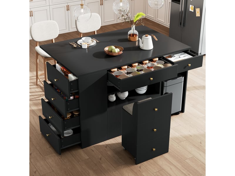 Îlot central avec tabouret et 6 tiroirs de rangement, îlot de cuisine noir en mdf et métal, dimensions 140x40x89 cm pour salle à manger  - Conforama D