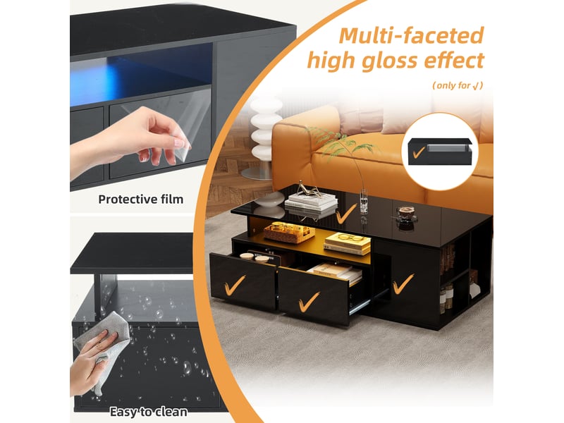  Table basse 100x50x35 cm led multicolore pilotable appli 2 tiroirs 9 compartiments panneaux particules brillant noir  - Conforama R