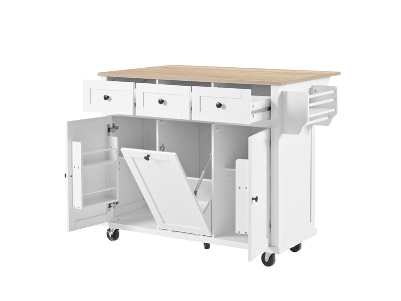  Îlot de cuisine mobile avec tiroirs, niche pour poubelle et plateau relevable pour cuisine, 112 × 46,2-76,2 × 92,7 cm  - Conforama A