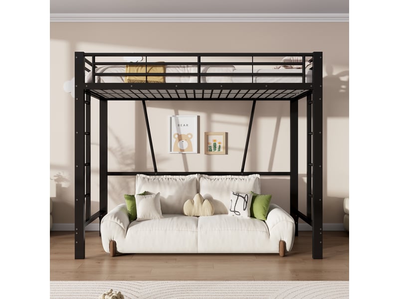  Lit mezzanine 90x200 cm en métal noir avec échelles des deux côtés, garde-corps et espace libre sous le lit.  - Conforama B