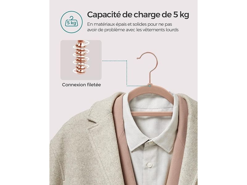  Cintre en velours, lot de 50, antiglisse, barre à cravate, crochet pivotant 360°, épaisseur 0,6 cm, longueur 43,5 cm, pour manteau, robe, pantalon, marron clair et rose gold  - Conforama B