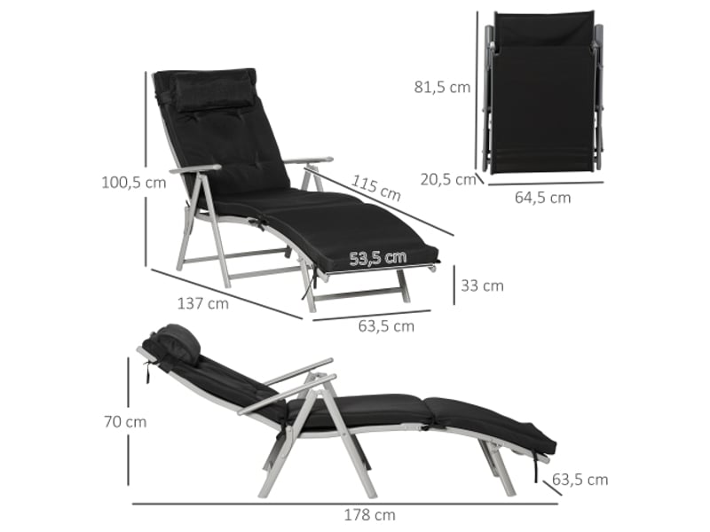  Chaise longue de plage pliante noire, 7 positions, coussin, résistante aux intempéries, 137 x 63,5 x 100,5 cm  - Conforama C