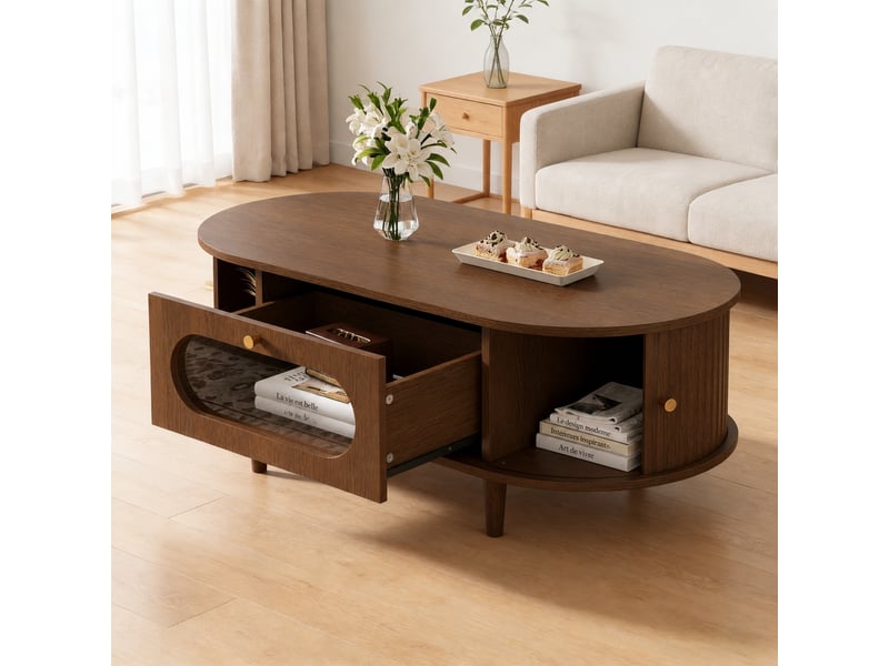 Table basse effet noyer avec rangement, 1 tiroir, 2 portes à rideau, 100 x 50 x 36 cm, bois foncé - Conforama E