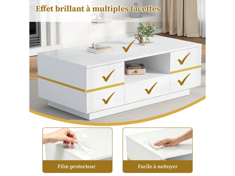  Table basse 100x50x35,5 cm blanche et dorée, led, 2 portes, 1 tiroir et niche ouverte Fay Lum - Conforama E