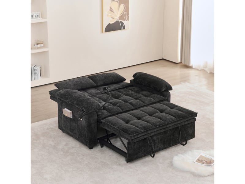  Canapé convertible 3 en 1 142 cm, dossier réglable 5 positions, rangement, porte-gobelet et support téléphone 360°, chenille - noir  - Conforama B
