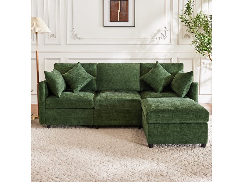  Canapé d’angle modulable 3-4 places vert avec pouf mobile et 4 coussins en chenille  - Conforama D
