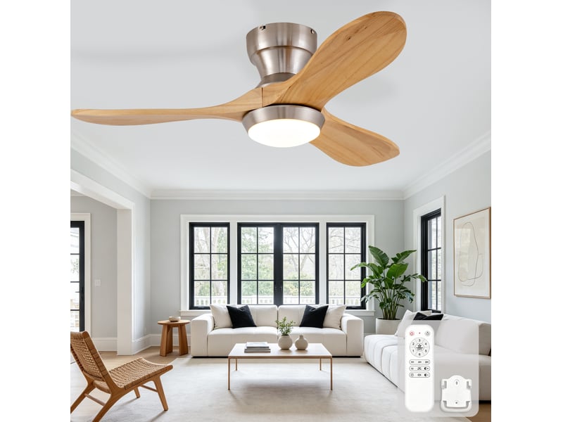  Ventilateur de plafond 90x90x24,5 cm avec éclairage, télécommande, bois naturel  - Conforama B
