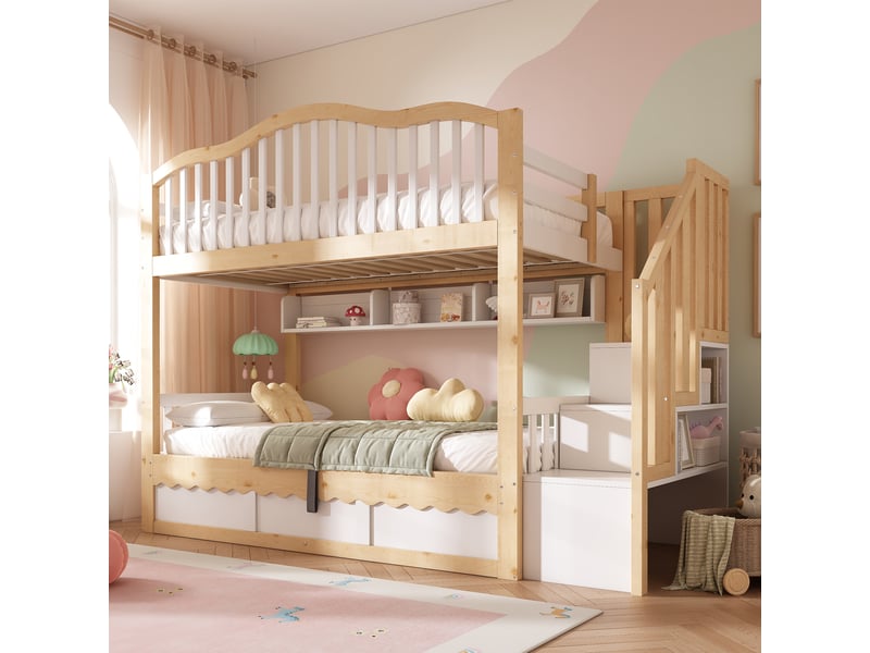  Lit superposé enfant 90x200 cm avec escalier de rangement, coffre hydraulique, étagères suspendues, en 747-1:2024, blanc et effet chêne evarich - Conforama B