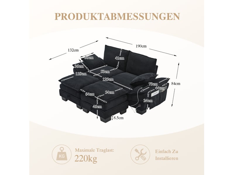  Canapé droit modulable 2 places en velours côtelé noir avec 2 poufs, usb-c et rangement pour le salon  - Conforama C