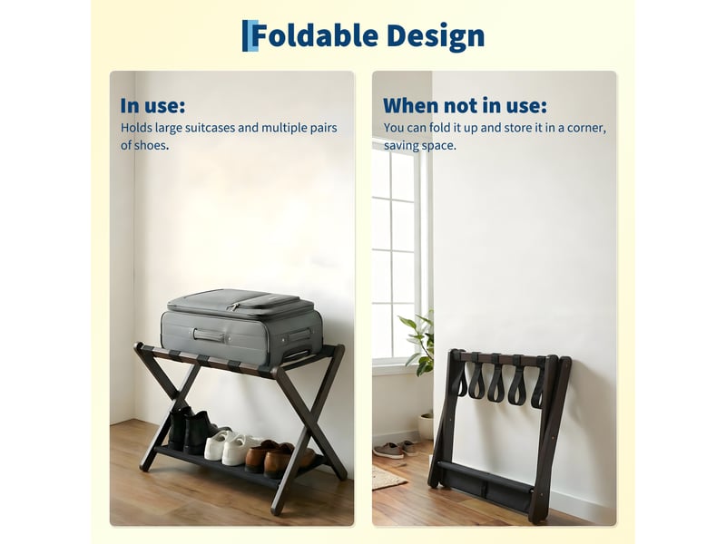 Porte-bagages pliant de luxe en bambou avec étagère, sangles nylon résistantes, charge 50 kg – chambre d'amis, salon, hôtel-marron PHK_37RDJ7E8 - Conforama E