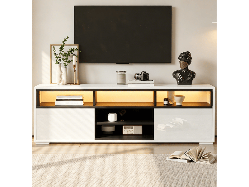  Meuble tv ulevr avec led et rangement, 150 x 35 x 50 cm, panneau de particules blanc et noir  - Conforama D