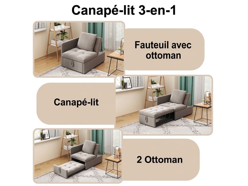  Canapé convertible 3-en-1 banquette-lit 2 places en tissu aspect lin gris – lit d'appoint avec dossier inclinable 5 positions et coussins pour petit espace et bureau (max. 200 kg)  - Conforama D