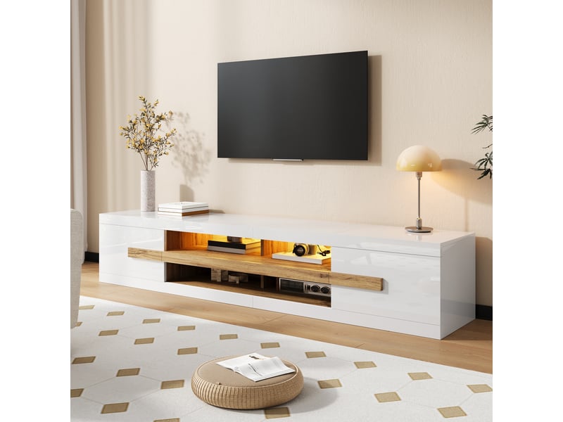  Meuble tv avec 2 portes, niches ouvertes et led contrôlée par application pour salon 200×40×38 cm blanc  - Conforama B