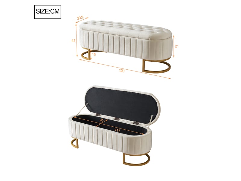  Banc coffre rembourré 120x39,9x43 cm en velours beige avec rangement  - Conforama C
