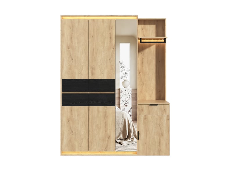  Ensemble vestiaire d’entrée 155 x 47 x 200 cm, miroir, éclairage led, 3 tringles à vêtements, 5 tiroirs, anthracitechêne Bliss Lite - Conforama A