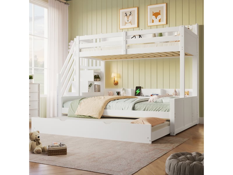 Lit superposé 90x200cm + 140x200cm - avec lit gigogne - avec échelle de rangement et port usb - mdf - blanc (sans matelas) - Conforama E