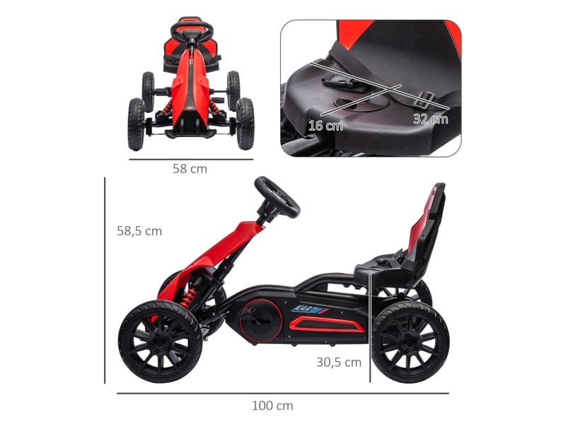  Kart à pédales 100x58x58,5 cm siège réglable plastique rouge  - Conforama D