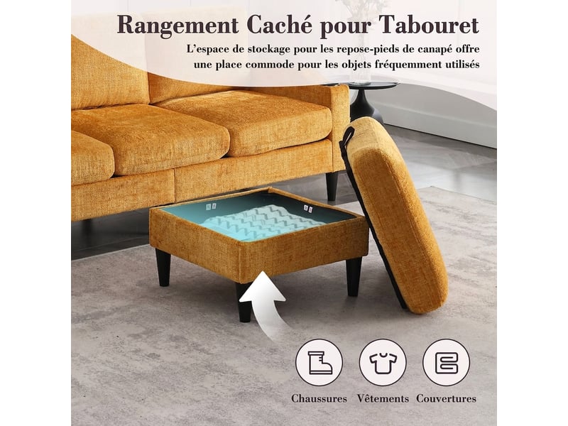 Canapé 4 places avec pouf en chenille douce 196,5 cm - rangement et porte-gobelets - Conforama W