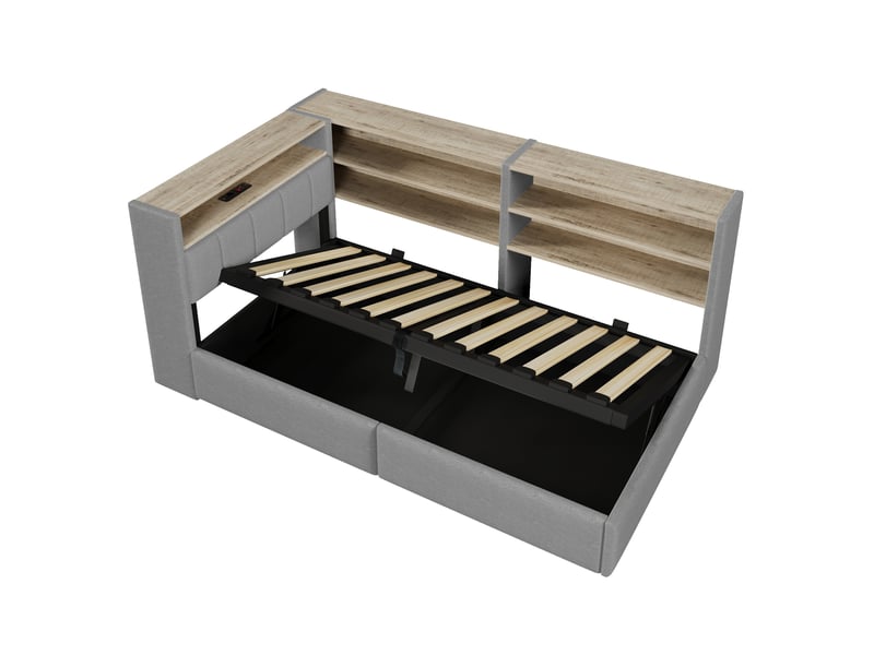  Canapé-lit 90 x 200 cm, suspension hydraulique, prise électrique, caisson latéral réversible (à gauche ou à droite) avec port usb et éclairage led, sans matelas, velours gris.  - Conforama D