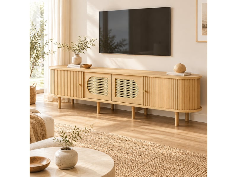  Meuble tv 180 cm avec rangement et portes à rideau evryae  - Conforama C