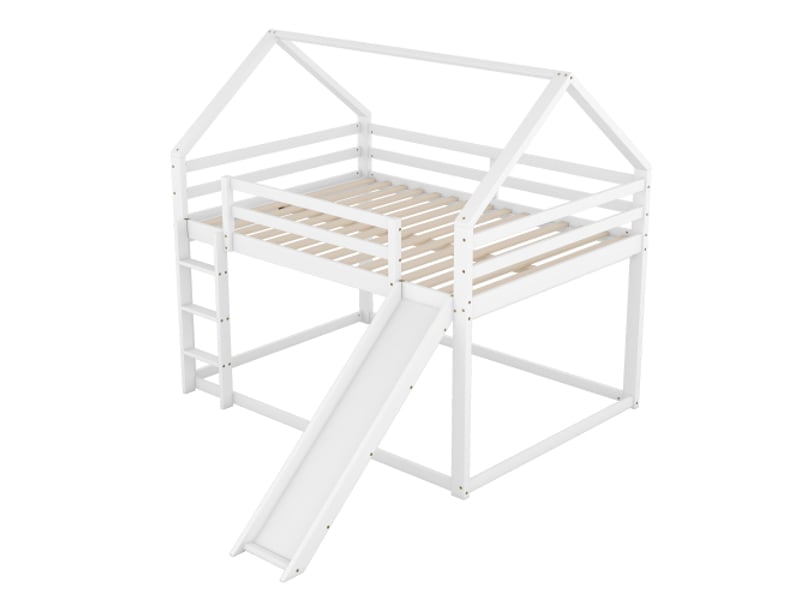 Lit superposé 140x200 cm, lit cabane avec tobaggan, en bois, blanc, sans matelas - Conforama E