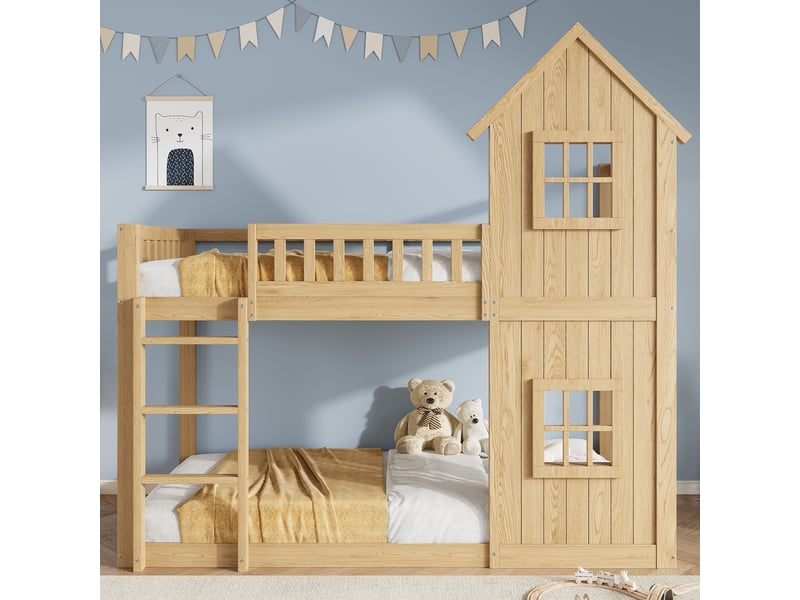  Lit superposé enfant en bois naturel avec deux fenêtres, échelle 3 marches, 90x200cm  - Conforama D