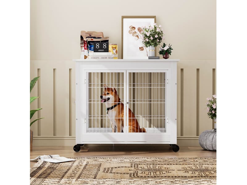  Cage d'intérieur style meuble 80x56x69,5 cm – blanche – 3 accès, toit ouvrant et roulettes verrouillables  - Conforama B