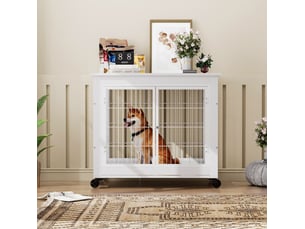 Cage d'intérieur style meuble 80x56x69,5 cm – blanche – 3 accès, toit ouvrant et roulettes verrouillables