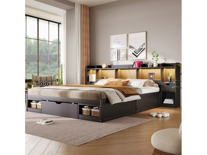  Lit plateforme modenvie 180 x 200 cm avec tête et pied de lit avec rangements, 3 tiroirs, éclairage led et prise usb, noir  - Conforama E