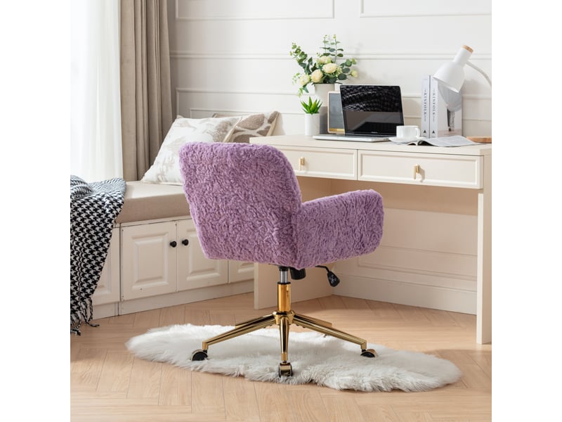 Chaise de bureau en fausse fourrure violette 61x60x90 cm hauteur réglable pivotante 360° avec accoudoirs base métallique dorée et roulettes silencieuses evarich - Conforama E