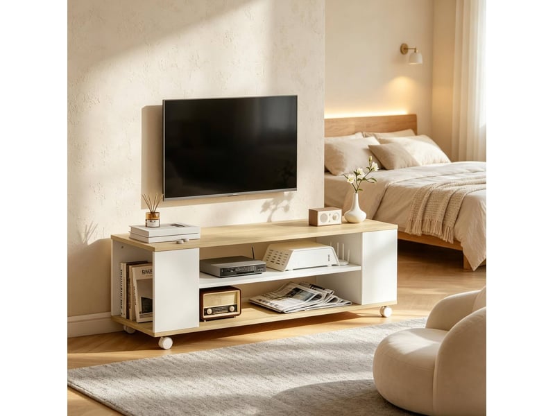  Meuble tv blanc et naturel 120 x 40 x 38,5 cm, sur roulettes ou à fixer au mur  - Conforama B