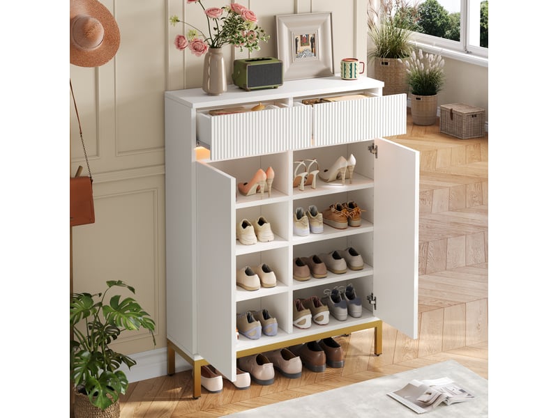  Meuble à chaussures à portes et 2 tiroirs, blanc, 80 x 35 x 103 cm  - Conforama D