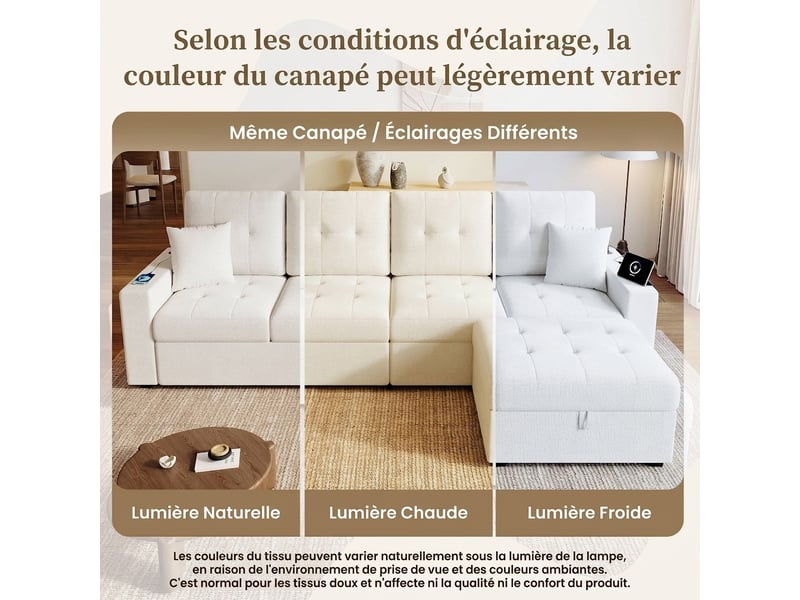  Canapé d'angle modulaire 4 places avec ports usb et usb-c intégrés 253 cm rangement et led  - Conforama W